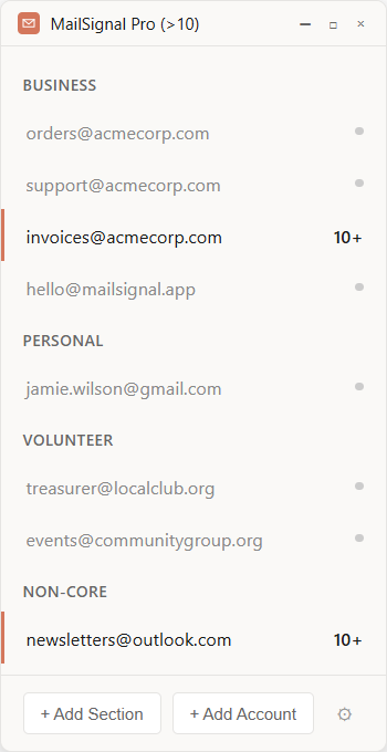 MailSignal showing unread counts from multiple email accounts