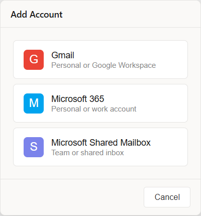 Add Account dialog showing Gmail, Microsoft 365, and Shared Mailbox options