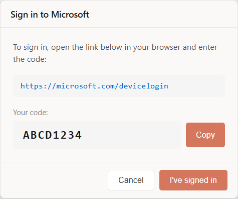 Microsoft device code dialog showing verification URL and code