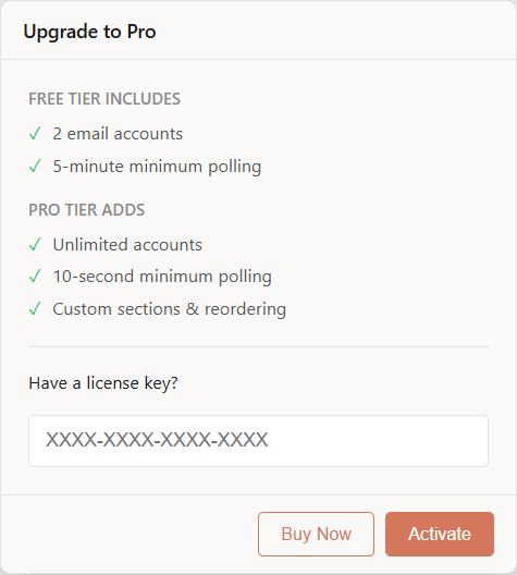 Upgrade to Pro dialog showing features comparison