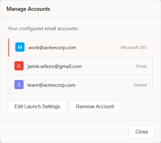 Manage Accounts dialog showing list of configured accounts