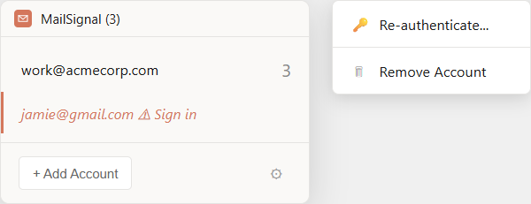 Right-click menu showing Re-authenticate option for failed account